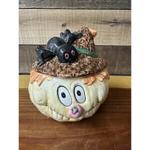 Halloween Scarecrow Candy Dish With Lid Spider Ceramic Avery Creations 1993 VTG